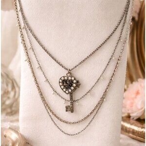 Vintage Multi Layered Key Heart Pearl Pendant Necklace Romantic Boho Jewelry